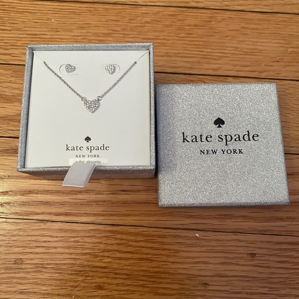 Kate Spade earring and necklace silver sparkly heart set unworn.
